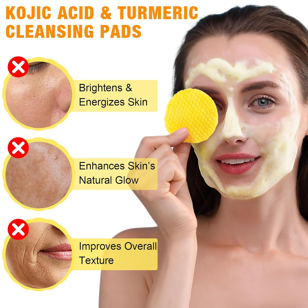 Turmeric Kojic Acid Vitamin C Exfoliating Pads - 50 Count for Oil Control, Hydration & Dullness Reduction - Face & Body Cleansing Pads