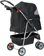 3-Wheel Pet Stroller, Lightweight Foldable Dog Stroller for Small Medium Dogs & Cats, Breathable Mesh & Weather Cover with Storage Basket, for Daily Walk Outdoor Travel (Black)